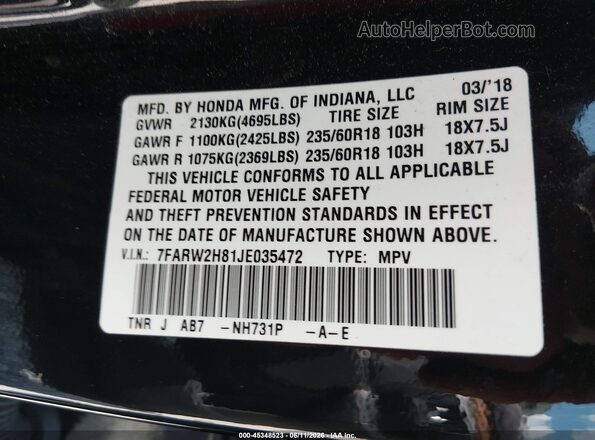 7FARW2H81JE035472 2018 HONDA CR-V Черный Вид подкапотного пространства