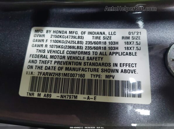 7FARW2H81ME007160 2021 HONDA CR-V Gray ძრავის განყოფილების ხედი