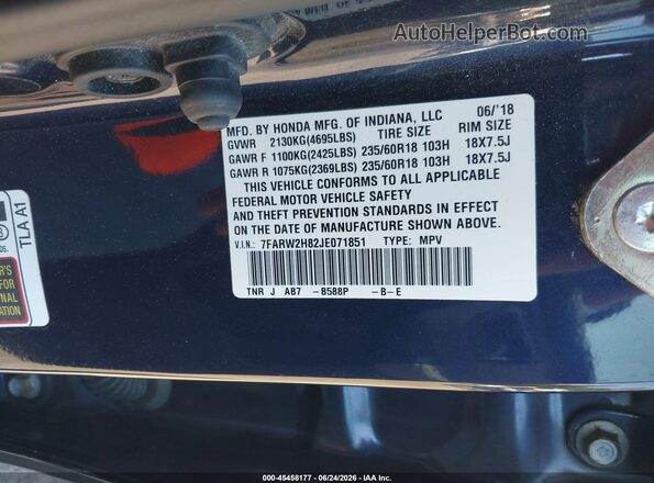 7FARW2H82JE071851 2018 HONDA CR-V Blue Շարժիչի բաժամունքի տեսք