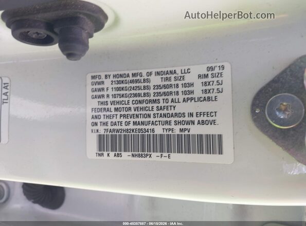 7FARW2H82KE053416 2019 HONDA CR-V White ძრავის განყოფილების ხედი