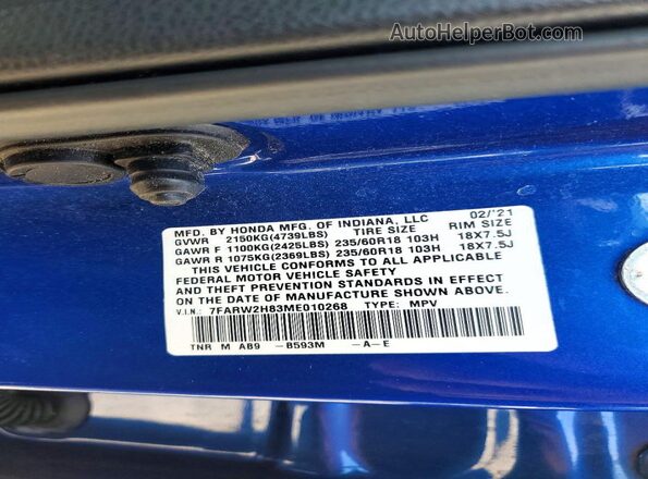 7FARW2H83ME010268 2021 HONDA CR-V Blue VIN sticker view