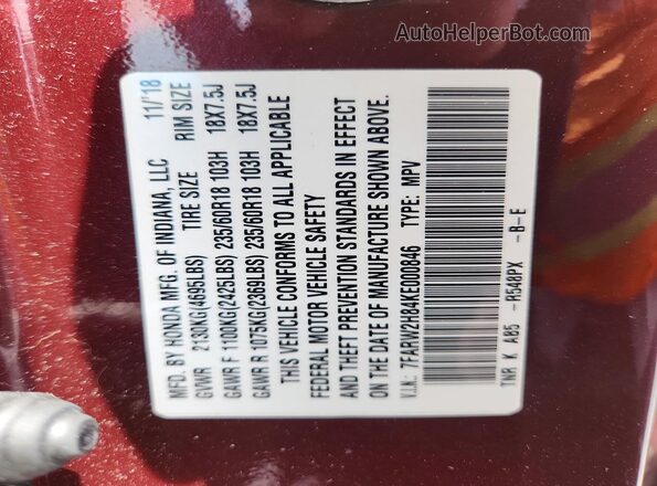 7FARW2H84KE000846 2019 HONDA CR-V Maroon VIN կոդի պիտակի տեսք
