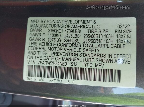 7FARW2H84NE011513 2022 HONDA CR-V Gray Vista del compartimento del motor