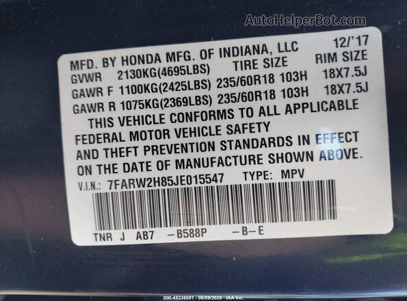 7FARW2H85JE015547 2018 HONDA CR-V Blue Vista del compartimento del motor