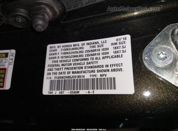 7FARW2H85JE018514 2018 HONDA CR-V Black Շարժիչի բաժամունքի տեսք