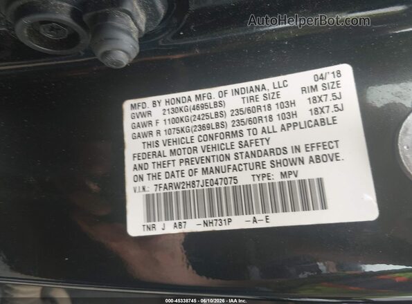 7FARW2H87JE047075 2018 HONDA CR-V Black Widok komory silnika
