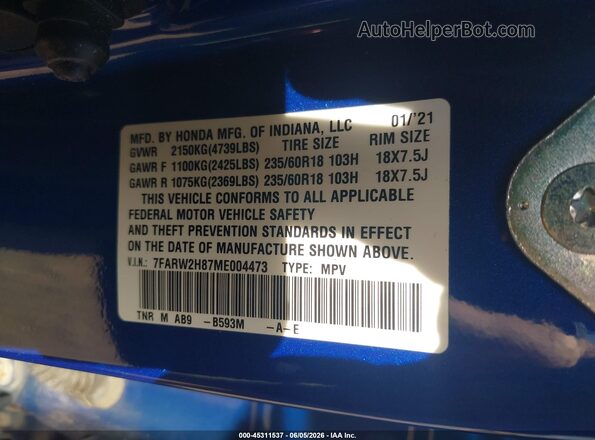 7FARW2H87ME004473 2021 HONDA CR-V Blue Շարժիչի բաժամունքի տեսք