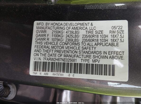 7FARW2H87NE025681 2022 HONDA CR-V Gray 