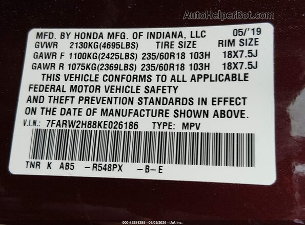 7FARW2H88KE026186 2019 HONDA CR-V Brown 