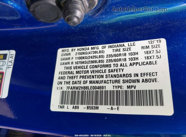 7FARW2H88LE004691 2020 HONDA CR-V Blue Շարժիչի բաժամունքի տեսք