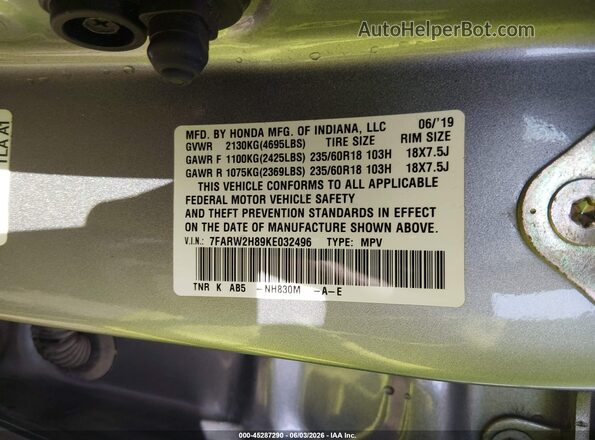 7FARW2H89KE032496 2019 HONDA CR-V Silver Vista del compartimento del motor