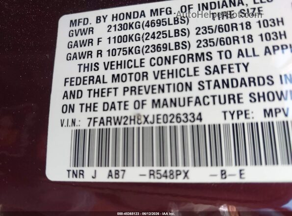 7FARW2H8XJE026334 2018 HONDA CR-V Red Engine compartment view