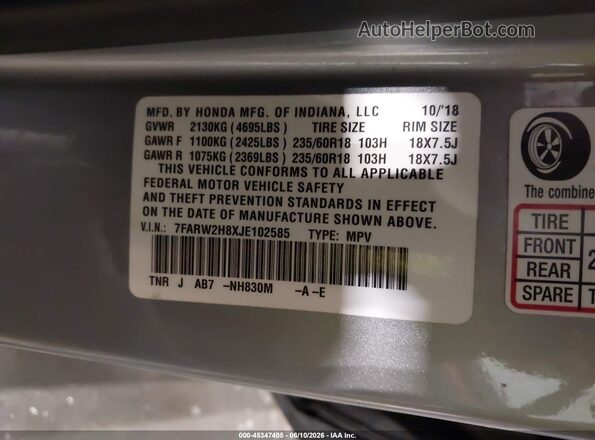 7FARW2H8XJE102585 2018 HONDA CR-V Gray Вид підкапотного простору