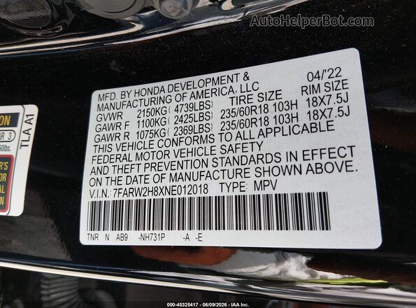 7FARW2H8XNE012018 2022 HONDA CR-V Black Շարժիչի բաժամունքի տեսք
