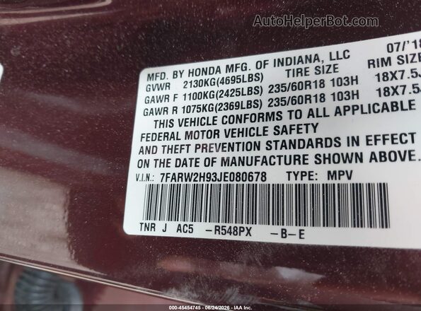 7FARW2H93JE080678 2018 HONDA CR-V Burgundy Vista del compartimento del motor