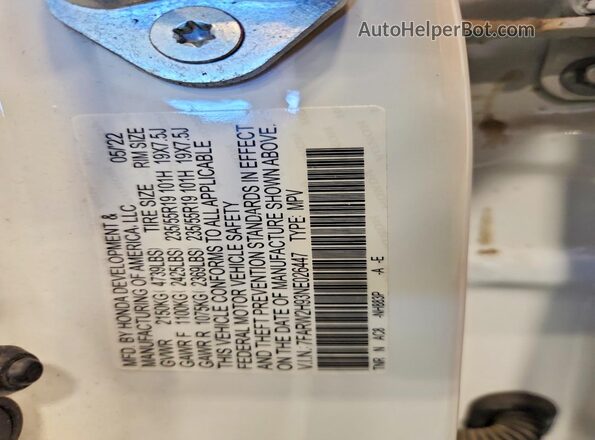 7FARW2H93NE026447 2022 HONDA CR-V White 360 interior view