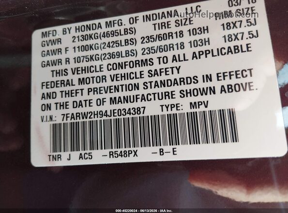 7FARW2H94JE034387 2018 HONDA CR-V Burgundy Вид підкапотного простору