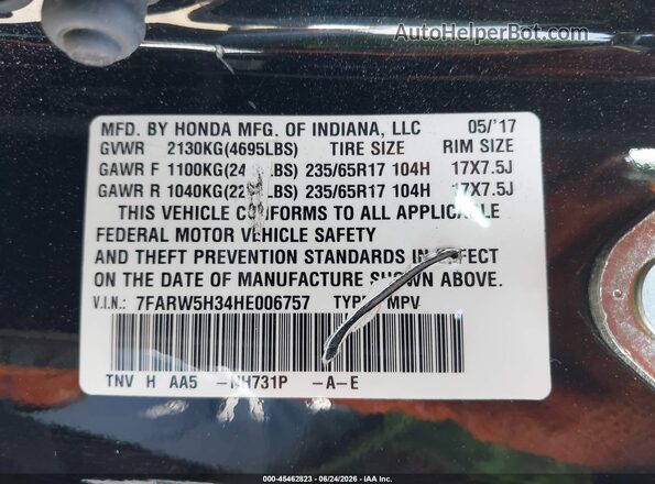 7FARW5H34HE006757 2017 HONDA CR-V Черный Вид подкапотного пространства