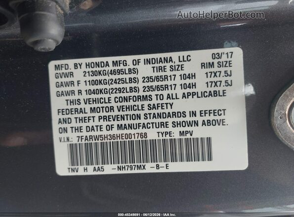 7FARW5H36HE001768 2017 HONDA CR-V Gray Շարժիչի բաժամունքի տեսք