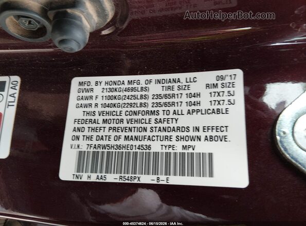 7FARW5H36HE014536 2017 HONDA CR-V Maroon Շարժիչի բաժամունքի տեսք