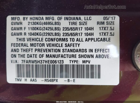 7FARW5H37HE006123 2017 HONDA CR-V Burgundy 