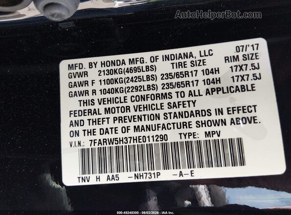 7FARW5H37HE011290 2017 HONDA CR-V Black Vista del compartimento del motor