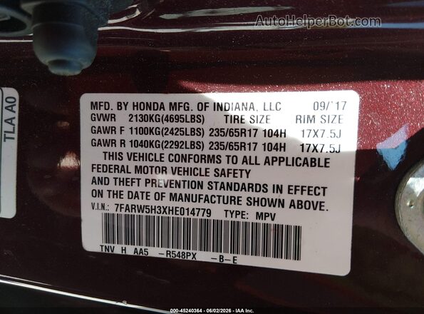 7FARW5H3XHE014779 2017 HONDA CR-V Maroon Շարժիչի բաժամունքի տեսք