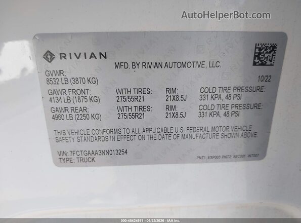 7FCTGAAA3NN013254 2022 RIVIAN R1T White Widok komory silnika