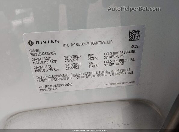 7FCTGAAA5NN009948 2022 RIVIAN R1T Gray Widok komory silnika