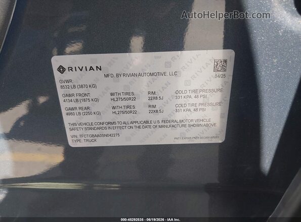 7FCTGBAA0SN042275 2025 RIVIAN R1T Синий Вид подкапотного пространства