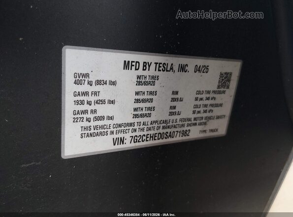 7G2CEHED0SA071982 2025 TESLA CYBERTRUCK Серебряный Вид подкапотного пространства