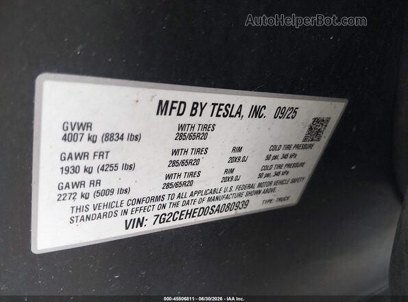 7G2CEHED0SA080939 2025 TESLA CYBERTRUCK Серый Вид подкапотного пространства