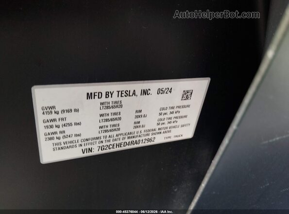 7G2CEHED4RA012962 2024 TESLA CYBERTRUCK Gray Vista del compartimento del motor