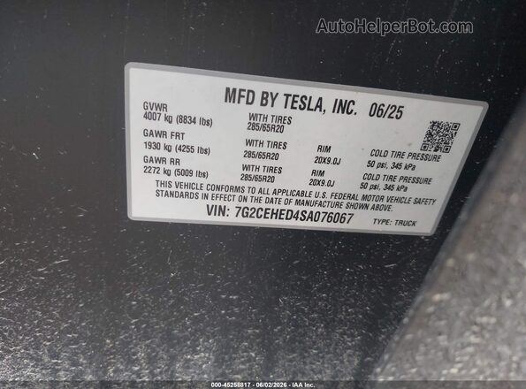 7G2CEHED4SA076067 2025 TESLA CYBERTRUCK Черный Вид подкапотного пространства