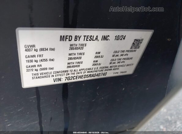 7G2CEHED5RA040740 2024 TESLA CYBERTRUCK Silver Engine compartment view