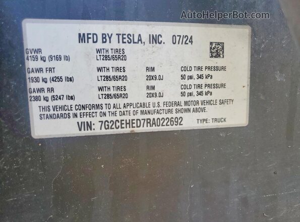 7G2CEHED7RA022692 2024 TESLA CYBERTRUCK Gray VIN կոդի պիտակի տեսք