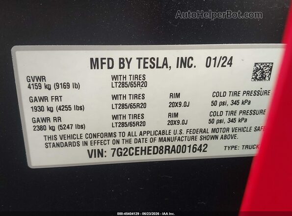 7G2CEHED8RA001642 2024 TESLA CYBERTRUCK Red Vista del compartimento del motor