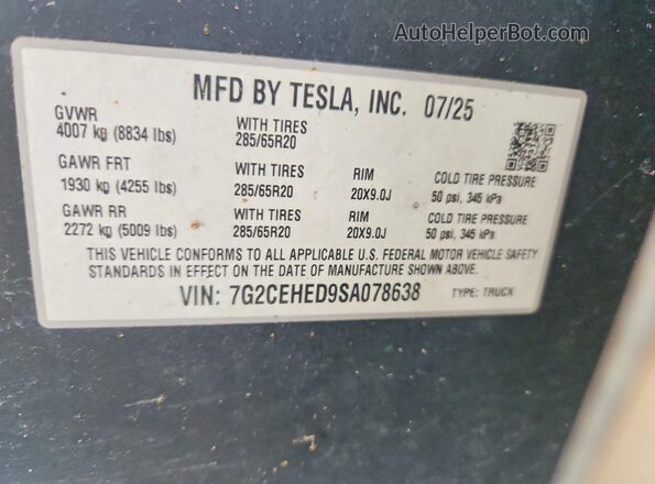 7G2CEHED9SA078638 2025 TESLA CYBERTRUCK Silver VIN կոդի պիտակի տեսք