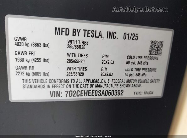 7G2CEHEE0SA060392 2025 TESLA CYBERTRUCK Желто-коричневый Вид подкапотного пространства