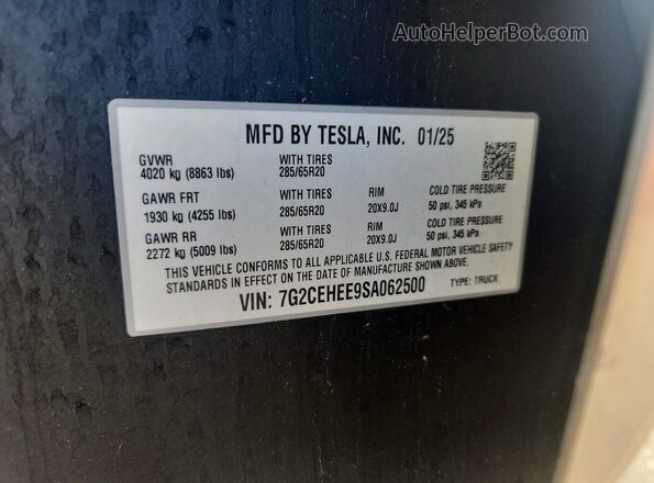7G2CEHEE9SA062500 2025 TESLA CYBERTRUCK Silver VIN կոդի պիտակի տեսք