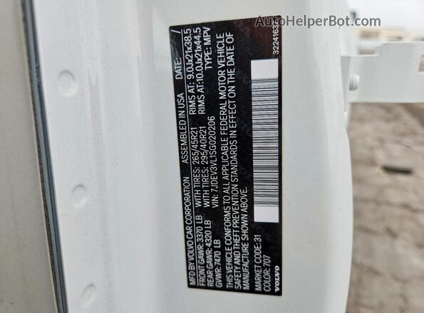 7JDEV3VL1SG020206 2025 VOLVO EX90 White Widok naklejki z numerem VIN