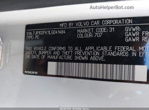 7JR102FK1LG041484 2020 VOLVO S60 White Widok komory silnika