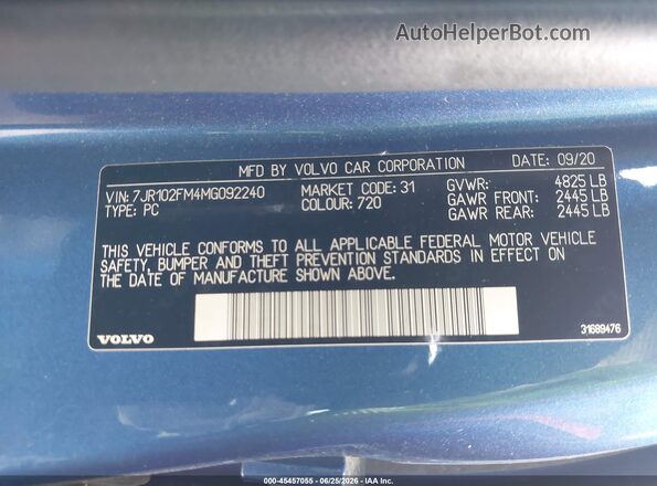 7JR102FM4MG092240 2021 VOLVO S60 Blue Вид підкапотного простору