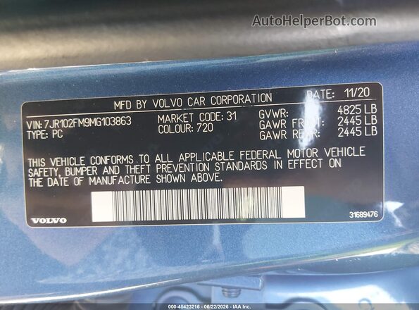 7JR102FM9MG103863 2021 VOLVO S60 Blue Engine compartment view
