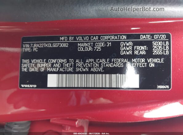7JRA22TK0LG073082 2020 VOLVO S60 Red ძრავის განყოფილების ხედი