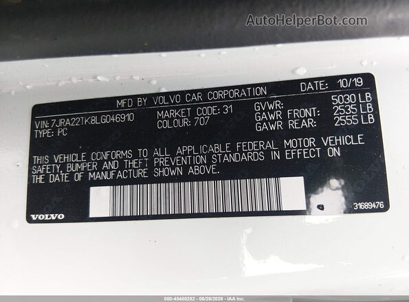 7JRA22TK8LG046910 2020 VOLVO S60 Белый Вид подкапотного пространства