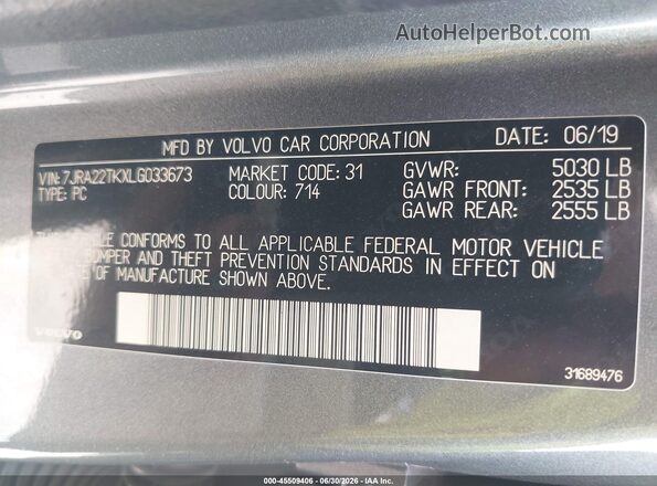 7JRA22TKXLG033673 2020 VOLVO S60 Gray Engine compartment view