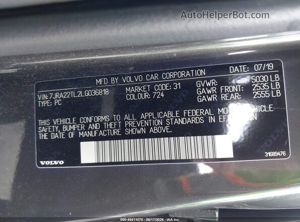 7JRA22TL2LG036818 2020 VOLVO S60 Green Widok komory silnika