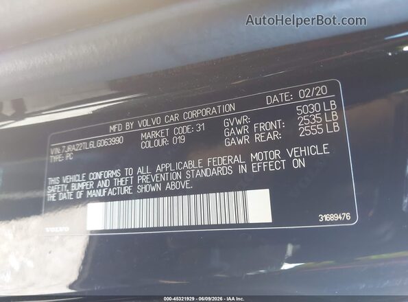 7JRA22TL6LG063990 2020 VOLVO S60 Black Engine compartment view