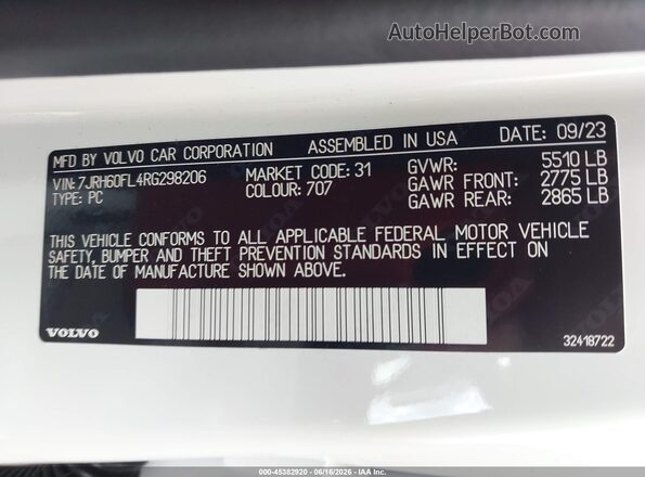7JRH60FL4RG298206 2024 VOLVO S60 RECHARGE PLUG-IN HYBRID Белый Вид подкапотного пространства